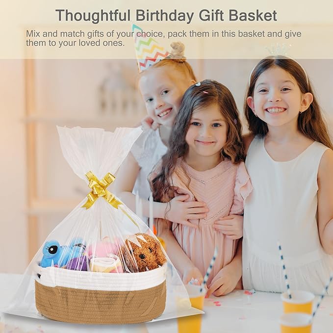 Small Woven Basket with Gift Bags and Ribbons, Empty Baby Gift Baskets for Kids Women Men, Shelf Storage, Small Cat Dog Pet Toy Boxes, 13”x 9”x 5.5”, Camel
