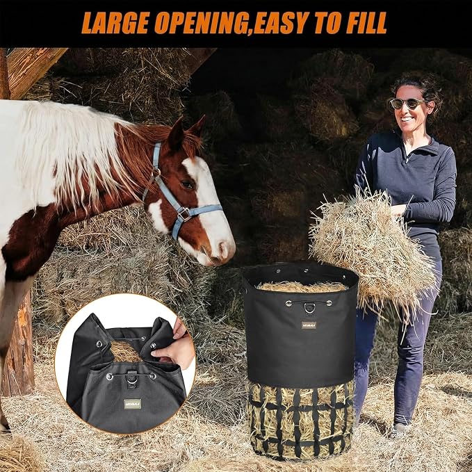 Hay Bags for Horses, Cylindrical Slow Feed Hay Bag with Rounded Diamond Nets Design for Goats,Horse,Donkey,Large Easy-Fill Top with Drawstring and Adjustable Strap