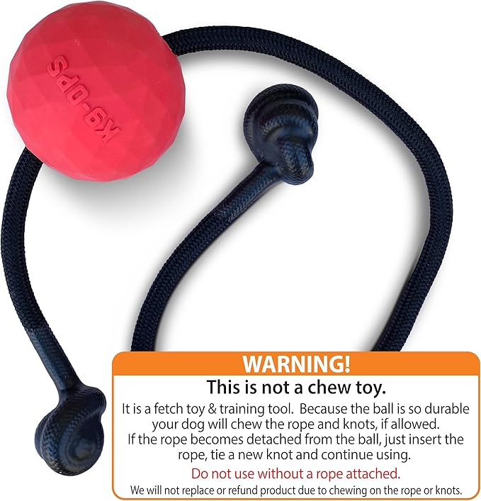 K9 Ops Dog Ball on a Rope Moki Tug Toy - Solid Rubber Fetch Training Reward - Large Dogs Tugs Durable Aggressive Chewers (Ruby Red, LG/XL)