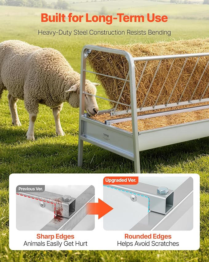 VEVOR Livestock Hay Feeder, 2 in 1 Grain & Hay Feeder, 80-Gallon Capacity, 57.9" Long Goat Pasture Feeding with Deeper Feeding Pan, Heavy Duty Steel Grain Holder for Sheep Sheds, Farms, Horse Barns