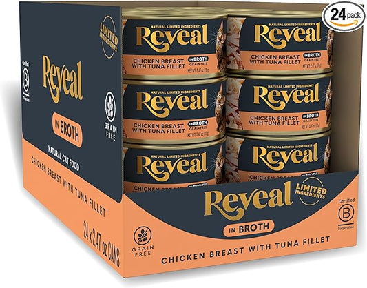 Reveal Natural Wet Canned Cat Food, Limited and Natural Ingredients, Grain Free, High Protein with No Artificial Additives, Chicken Breast with Tuna in Broth (24 x 2.47 oz Cans)