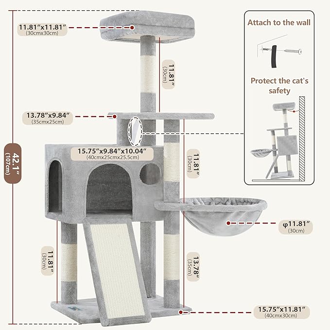 Gitelsnour Cat Tree, 42.1" Cat Tower for Indoor Kittens with Scratching Board and Posts, Multi-Level Cozy Cat Condo with 2 Perches, Hammock, Balls, Light Gray GCT005SW