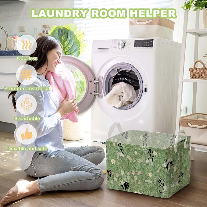 Black Cat Flower Green Storage Basket, Cats Gift Hamper for Pet Owners, Black Cat Bathroom Decor,Bin for Pet Lovers, Organizer Baskets for Bedroom, Large Squarecanvas Laundry Hamper With Foldable