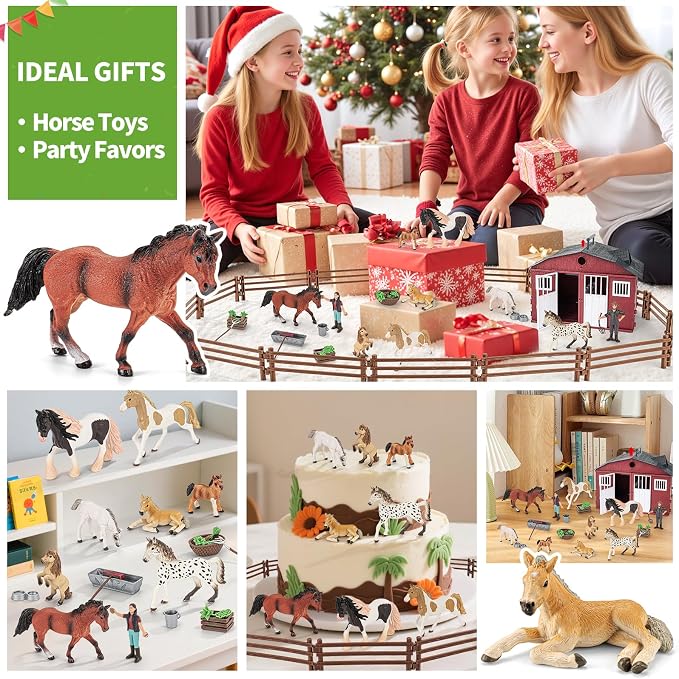 47PCS Horse Toys Stable Playset with Farm Fences for Girls Boys, Solid Plastic Horse Stable with a Handle, Farm Animal Barn Toys Horse Figurines for Kids, Birthday Gift Cake Toppers