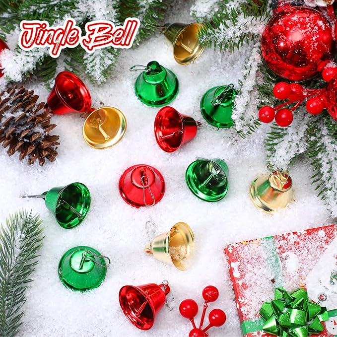 30 Pieces Craft Bells Small Brass Bells for Crafts Mini Vintage Bells with Spring Hooks Tiny for Hanging Wind Chimes Making Dog Training Doorbell Wedding Decor, 1.65 x 1.5 Inch(Red, Green, Gold)