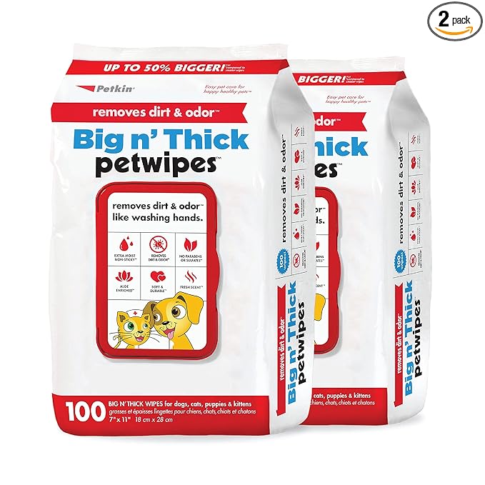 Petkin Pet Wipes for Dogs & Cats - 200 Large Wipes - Removes Dirt & Odor - Cleans Ears, Face, Butt, Eye Area - Convenient for Home or Travel - 2 Packs.