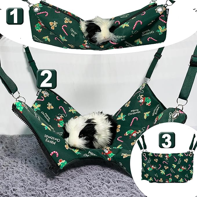 Ferret Rat Critter Nation Cage Accessories,Ferret Rat Hammock Set Hanging Bed Tent Tunnel for Any Small Animal Bedding (Christmas Green)