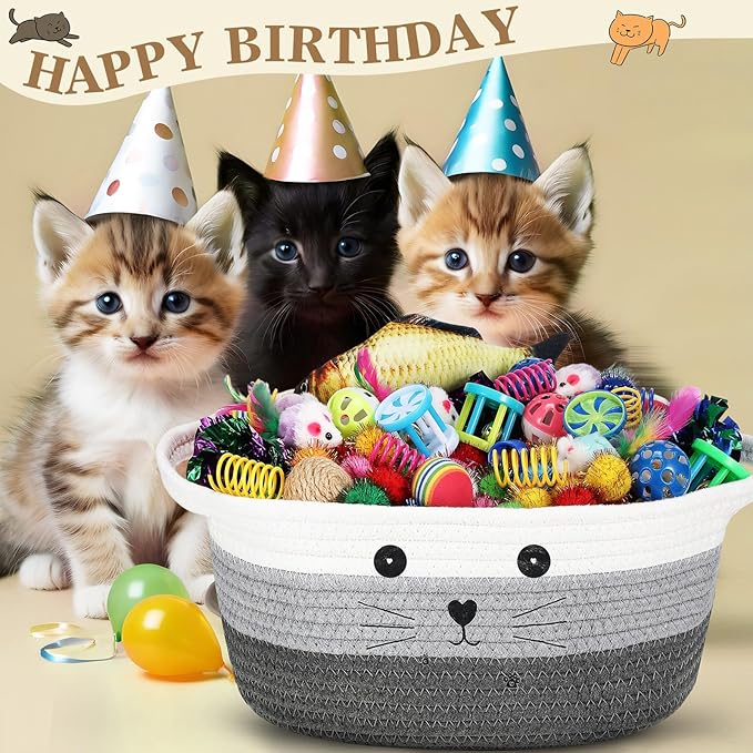 Zopeal 58 Pcs Mother’s Day Cat Storage Basket Gift Toys Set, Colorful Flashing Balls Pet Bell Crinkle Balls Spring Toys Attract Cat to Swat, Hunt, Interactive for Pet(Multicolor,12 Inch)