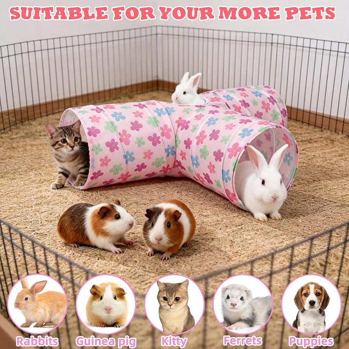 BWOGUE Bunny Tunnels & Tubes Collapsible 3 Way Bunny Hideout Small Animal Activity Tunnel Toys for Dwarf Rabbits Guinea Pigs Kitty