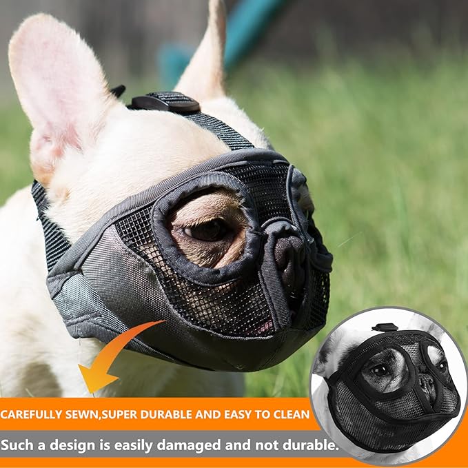 Short Snout Dog Muzzle- Adjustable Breathable Mesh Bulldog Muzzle for Biting Chewing Licking Grooming Dog Mask,Grey(Eyehole) XL