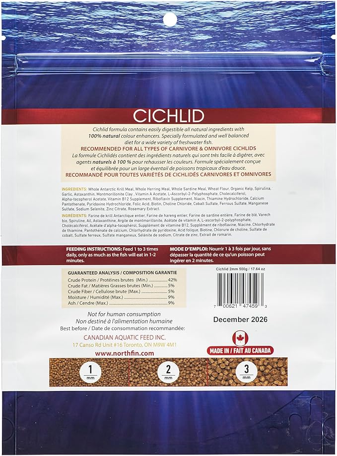 Northfin Cichlid Formula Fish Food – Slow Sinking Pellets for Cichlids (2mm, 500g) | Premium High-Protein, All-Natural Cichlid Diet to Enhance Color & Growth – No Fillers, No Hormones, Made in Canada