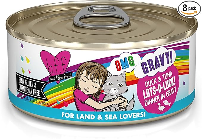 Weruva B.F.F. OMG - Best Feline Friend Oh My Gravy!, Lots-O-Luck! with Duck & Tuna in Gravy Cat Food, 5.5oz Can (Pack of 8)