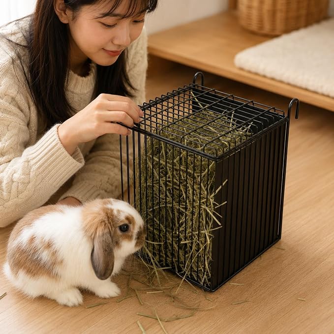 Gralara Rabbit Hay Holder with Hook for Cage Food Dispenser Hanging Guinea Pig Hay Feeder Storage Basket for Outside Chinchillas, 26cmx27.5cmx31.5cm
