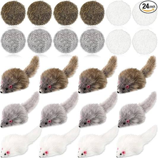 Lewtemi 24 Pcs Real Rabbit Fur Mouse Toys for Cats 12 Fluffy Rattle Mouse and 12 Fuzzy Cat Balls Realistic Fake Mice Without Catnip Interactive Kitty Toy for Pets Kitten Play