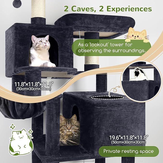 Globlazer Cat Tree Tower, 76-Inch Extra Tall Multi-Level Cat Furniture with Cozy Condos, Hammock and Perches for Adult Cats, Perfect for Climbing, Scratching, and Play, F76, Dark Grey