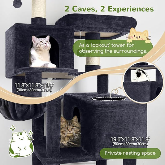 Globlazer Cat Tree Tower, 76-Inch Extra Tall Multi-Level Cat Furniture with Cozy Condos, Hammock and Perches for Adult Cats, Perfect for Climbing, Scratching, and Play, F76, Dark Grey