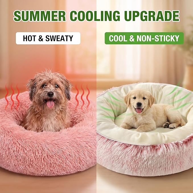 Calming Donut Dog Bed Cat Bed, Fluffy Long Fur Outer & Short Fur Inner, Sweat-Free Cozy Cuddler, Non-Slip Bottom,for Small Medium Dogs Cats Puppy Kitten (Donut Bed - Pink, Medium 19.7 Inches)