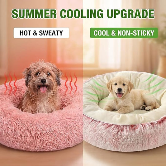 Calming Donut Dog Bed Cat Bed, Fluffy Long Fur Outer & Short Fur Inner, Sweat-Free Cozy Cuddler, Non-Slip Bottom,for Small Medium Dogs Cats Puppy Kitten (Donut Bed - Pink, Large Size 23.6 in)