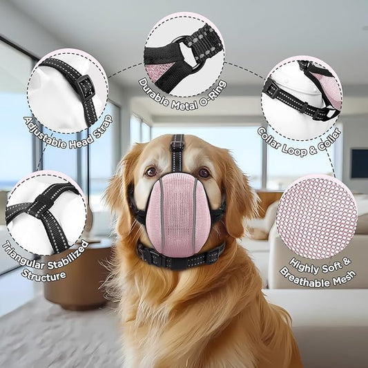 Dog Muzzle - Soft Breathable Mesh Nylon Adjustable Muzzle for Small Medium Large Dogs | Prevents Chewing,Biting & Scavenging | Allows Panting, Drinking & Grooming | Secure Collar Strap Design(Pink M)