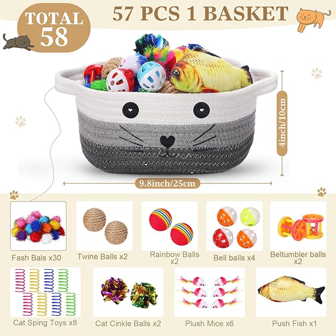 Zopeal 58 Pcs Mother’s Day Cat Storage Basket Gift Toys Set, Colorful Flashing Balls Pet Bell Crinkle Balls Spring Toys Attract Cat to Swat, Hunt, Interactive for Pet(Multicolor,9.8 Inch)