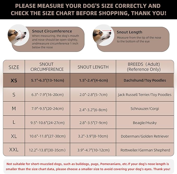 Dog Muzzle, Breathable Soft for Extra Small Dogs to Anti & Prevent Barking Biting Chewing, Reflective & Adjustable Basket Muzzle with Air Mesh for Dachshund Brown XS