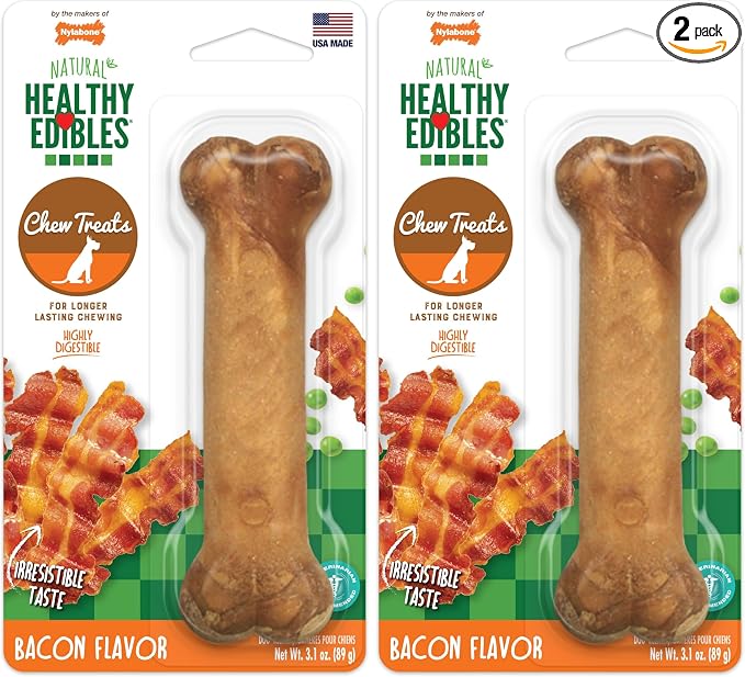 Nylabone Healthy Edibles Natural Dog Chews, Long Lasting Bones for Dogs, Bacon Flavor Dog Treats, Medium (1 Count) (Pack of 2)