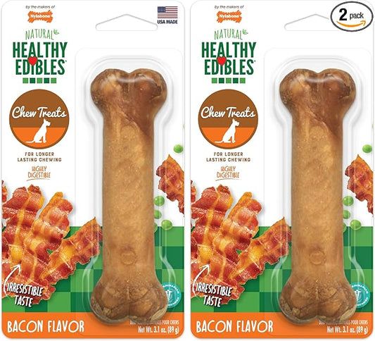 Nylabone Healthy Edibles Natural Dog Chews, Long Lasting Bones for Dogs, Bacon Flavor Dog Treats, Medium (1 Count) (Pack of 2)