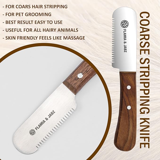 FLAMIA & JABZ Professional Dog Grooming Hand Stripping Knife, Stripper Trimmer Tool, Red Meranti Wooded Handle non slip grip with Tripping Stainless Steel blade (Coarse, Right Handed)