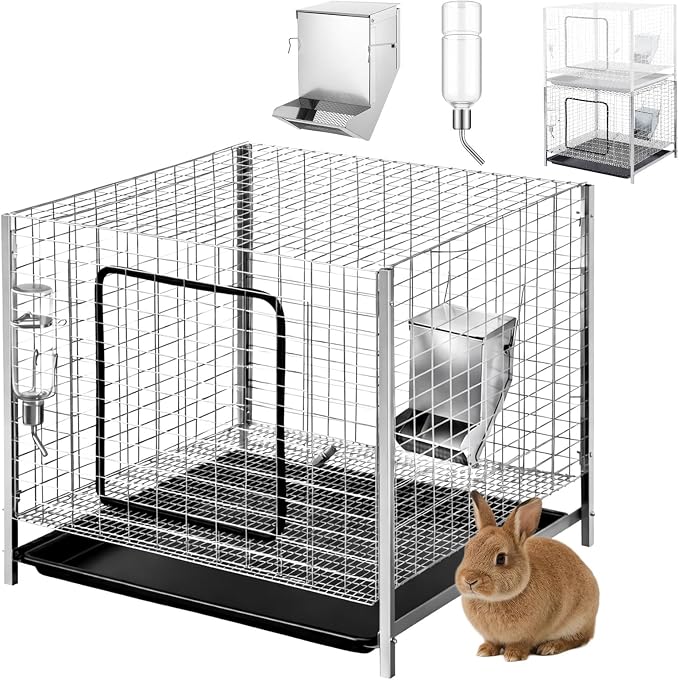 1 Set 24 x 24 x 16 Inch Stackable Rabbit Breeding Cage Complete Kit with Feeder and Water Bottle Foldable Metal Small Hutch with Tray and Stand for Guinea Pig Ferret Bunny Easy to Clean