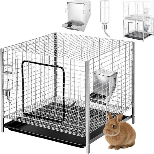 1 Set 24 x 24 x 16 Inch Stackable Rabbit Breeding Cage Complete Kit with Feeder and Water Bottle Foldable Metal Small Hutch with Tray and Stand for Guinea Pig Ferret Bunny Easy to Clean