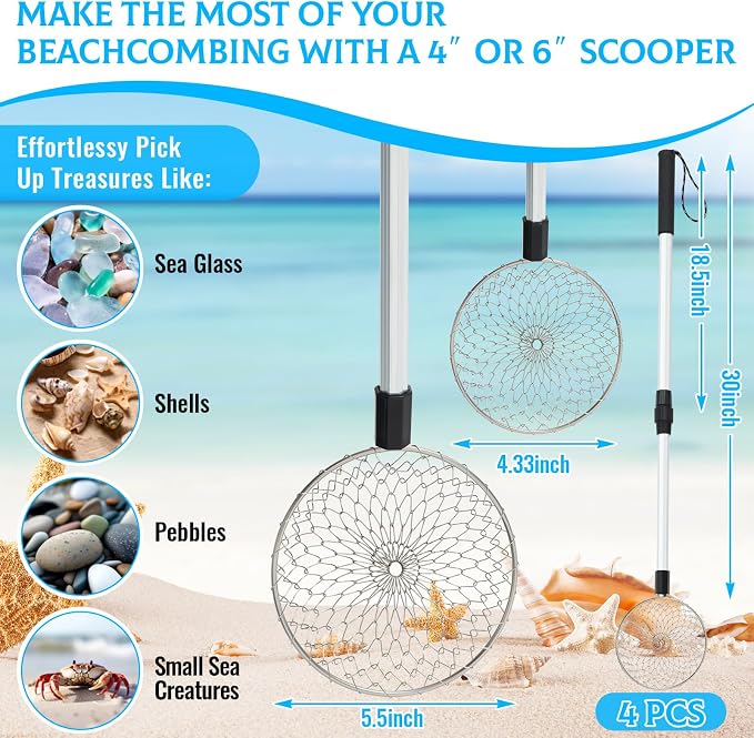 Roshtia 4 Pcs Beach Sand Sifter Set, Adjustable Long Handle Shell Scoop, Shark Tooth Sifter Mesh Shovel for Family Seashell Collecting, Sea Glass Hunting and Beach Treasure Fun
