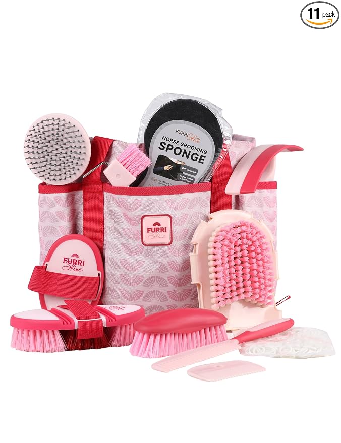 11-Piece Professional Horse Grooming Kit with Waterproof Tote Bag, Non-Slip Silicone Grip Brush Set, Curry Comb, Hoof Pick & Mane Comb Pink Garnet