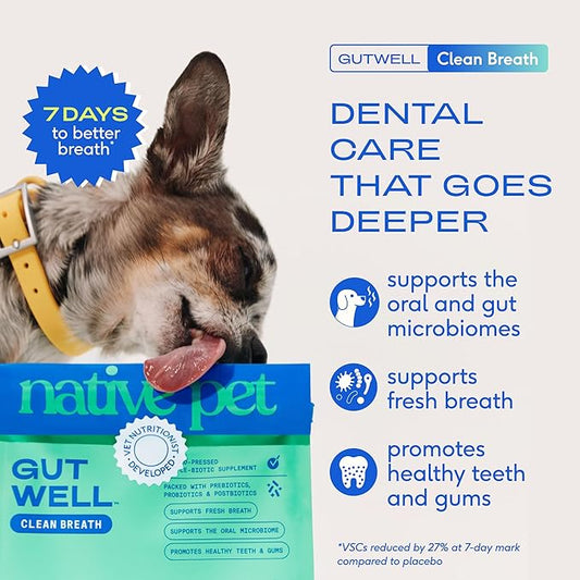 Native Pet GutWell Clean Breath - Dog Breath Freshener & Dog Teeth Cleaning Powder Cold-Pressed to Reduce Plaque, Tartar & Promote Oral Health with Triple-Biotic Blend, Brown Algae & Zinc - 60 Scoops