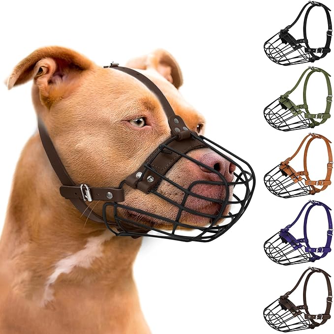 Pitbull Dog Muzzle Breathable Metal Basket for Large Dogs Amstaff Staffordshire Terrier Secure Wire Mask Adjustable Durable Leather Straps Biting Chewing Barking (Dark Brown)