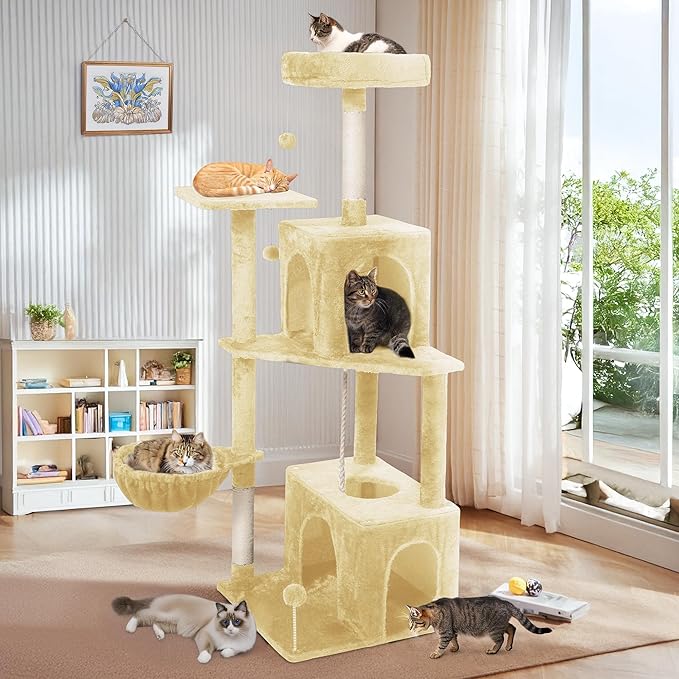 54-Inch Cat Tree Tower with 2 Caves & 2 Pompoms - Multi-Level Tower for Indoor Cats, Soft Plush Condo with Scratching Posts - Sturdy Base for Large Cats(Beige)