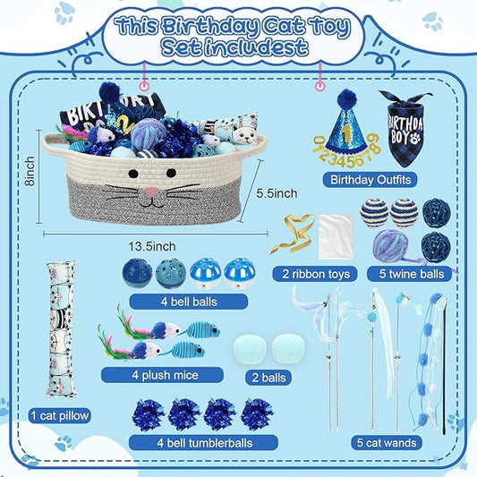 Zopeal Mother’s Day Cat Toy Set Interactive Cat Toys Pack Including Feather Teaser Wand Plush Gift Outfit Mice Crinkle Balls and Pet Bell Balls, Puzzle for Indoor Cats Gift Basket for Kitten(Blue)
