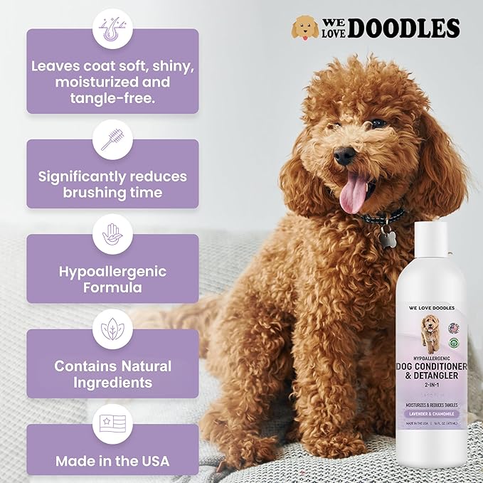 We Love Doodles Dog Conditioner & Detangler, 2-in-1 Conditioner for Allergies & Itching, Lavender and Chamomile, Made in USA, Dog Lotion Treatment, Perfect for Poodles, Doodles & Goldendoodles,16oz