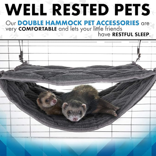 Ferret Hammock for Cage - Plush Double Bunk Bed Hanging Clips - Perfect for 2 or More Small Pets! (Rats, Ferrets, Hamsters, Guinea Pigs, Chinchillas & Squirrels) - Black