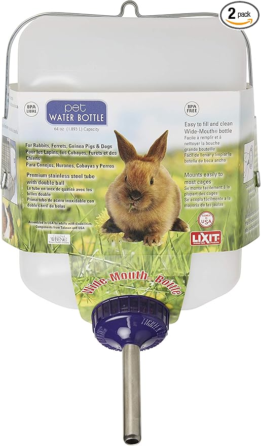 Lixit® All-Weather Rabbit Water Bottle - 64 Ounce Widemouth Cage Water Bottles for Rabbits, Ferrets, Guinea Pigs, Rats, and Other Small Animals (White, 64 Ounce (Pack of 2))