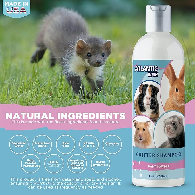 Critter Shampoo for Small Pets - 8oz Small Animal Lightly Scented Shampoo - Pet Shampoo for Small Critters Including Ferrets, Guinea Pigs, Rabbits, Hedgehogs, Hamsters & Sugar Gliders (Baby Powder)