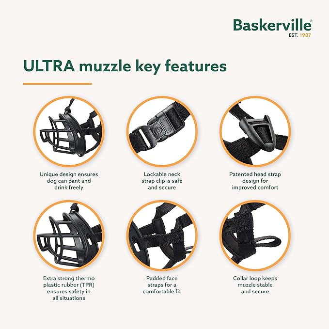 Baskerville ULTRA Muzzle - Patented Humane Design, Breathable, Dog can Pant and Drink, Adjustable, Padded, Training Muzzle for Medium-sized Dogs, Prevents Biting, Wildlife Scavenging (Size 3, Black)