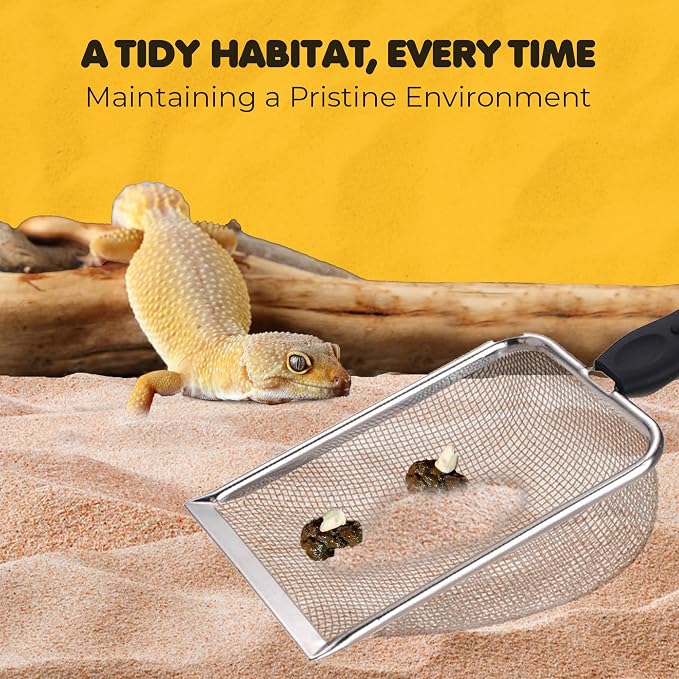 SunGrow Reptile Sand Scoop, Stainless Steel Sifter for Lizard, Gecko & Snake Habitat, Substrate Scoop, Non-Slip Handle, Fine Mesh Scooper for Clumping Sand – Not Suitable for Pellet or Crystal Litter