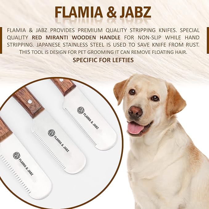 FLAMIA & JABZ Professional Dog Grooming Hand Stripping Knife, Stripper Trimmer Tool, Red Meranti Wooded Handle non slip grip with Tripping Stainless Steel blade (3 Piece Pack, Left Handed)