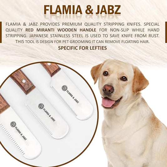 FLAMIA & JABZ Professional Dog Grooming Hand Stripping Knife, Stripper Trimmer Tool, Red Meranti Wooded Handle non slip grip with Tripping Stainless Steel blade (3 Piece Pack, Left Handed)