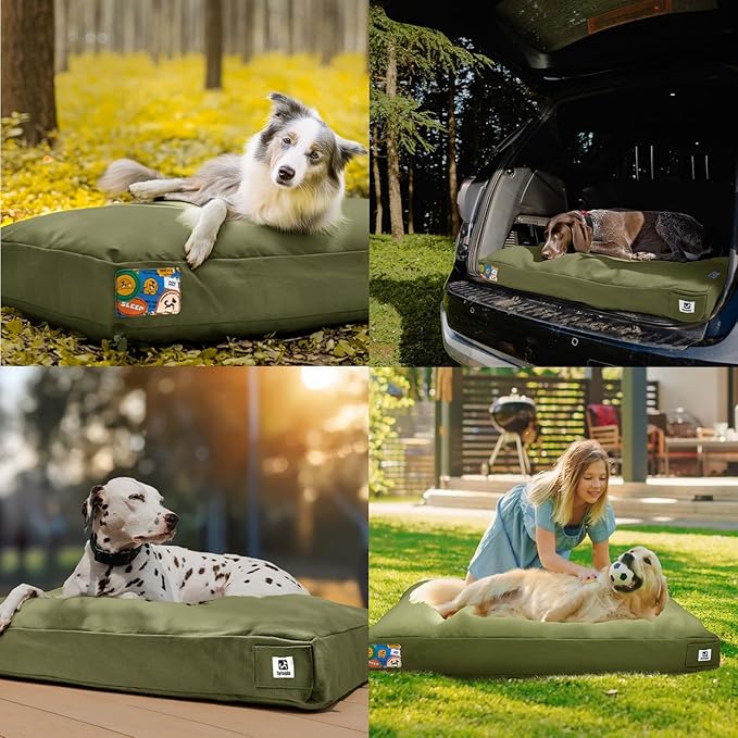 Sytopia 36 Inch Canvas Outdoor Dog Bed for Large Dogs, Chew Proof Dog Bed with Waterproof Machine Washable Removable Cover, Durable Indoor Patio Pet Pad for Crate, Green