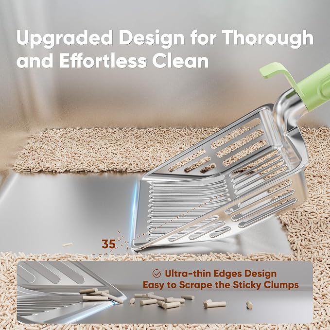 Metal Cat Litter Scoop, Large Cat Scooper with Deep Shovel & Dual Sifting Holes for Fast & Precise Sifting, Space Aluminum Kitty Litter Scooper with Long Handle & Easy-to-Hang Hook - Mint