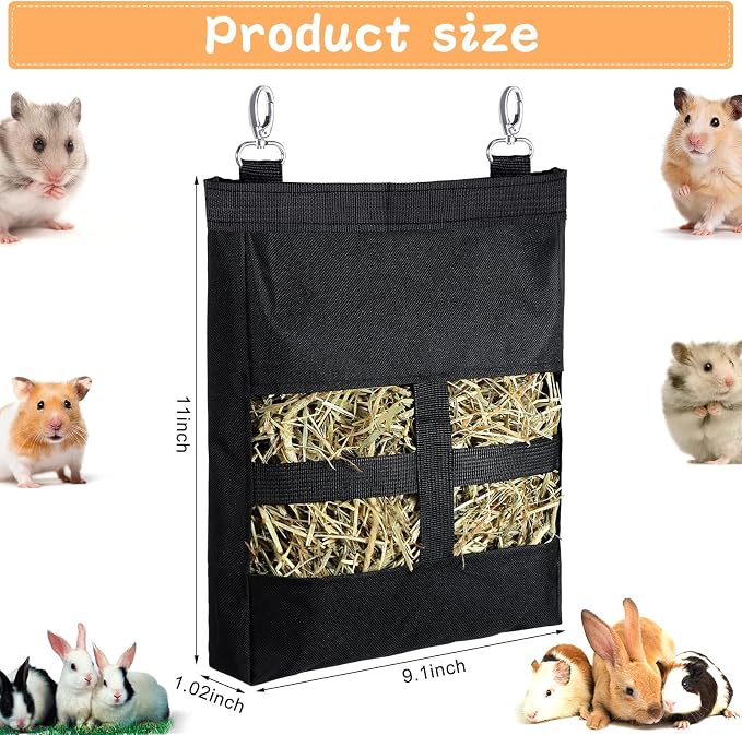 Frienda 2 Pcs Guinea Pig Hay Bag 11 x 9.1 Inch Guinea Pig Hanging Hay Feeding Bag Storage Dispenser for Chinchilla Hamster Bunny Small Animal Pet(Black)