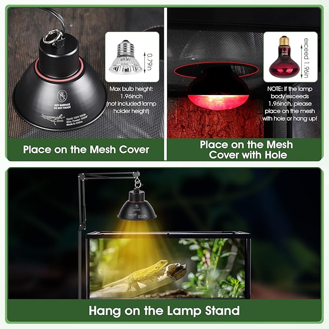 Reptile Heat Lamp Reptile Light Fixture 2Inch Shallow Dome with Dimmer and Cycle Timer, Max 100W, 2 Pack Heat Lamps UVB Bulb UVA Basking Light for Bearded Dragon Turtle Chicken Lizard Snake Gecko Tank