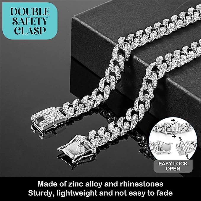 Tallew Silver Dog Chain Diamond Collar Walking Metal Chain Necklace with Secure Buckle Pet Cuban Style Collar Jewelry Accessories for Small Medium Large Dog Cats(22 Inch)