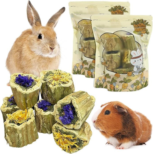 PINVNBY Rabbit Chew Toys Natural Papaya Wood Rabbit Treats with Alfalfa Hay and Dried Flower Guniea Pig Molar Snacks for Hamster Chinchilla Gerbil Small Animals Teeth Grinding (7.05 oz/200 g)